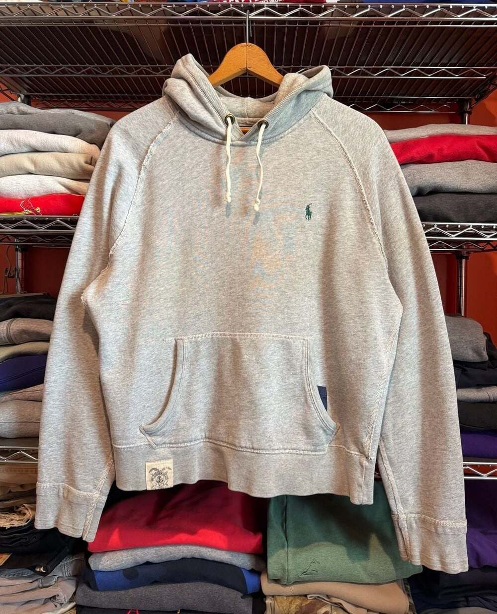Polo Ralph Lauren Fit Fleece Hoodie Large Grey Green Pony Ruff Hem